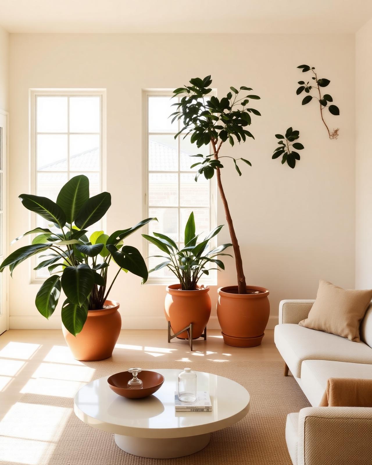 Sun-drenched living room with monstera and ficus in terracotta pots